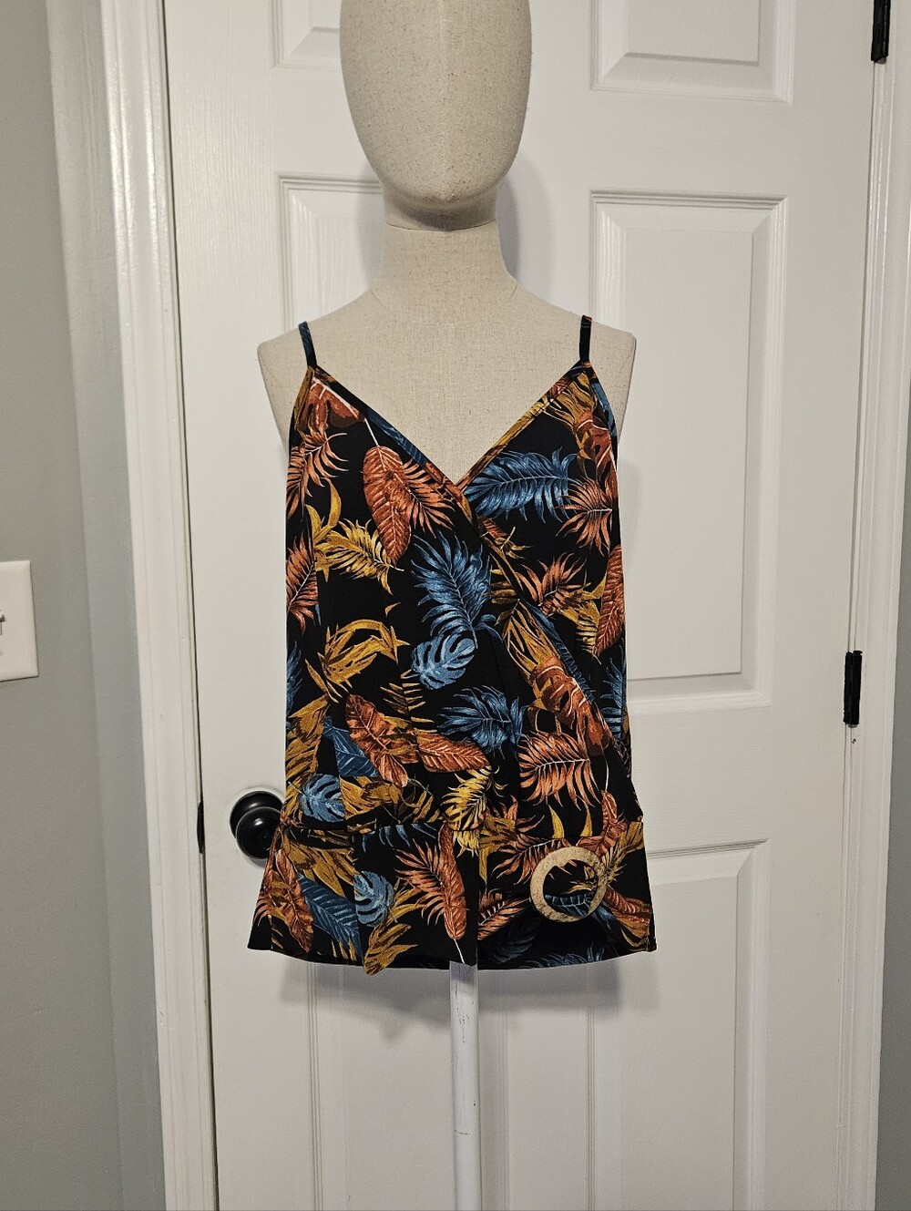 Tropical V-Neck Cami Tank Top - Black with Blue & Orange Leaf Print